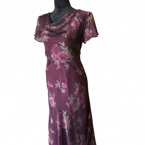 Coldwater Creek Plum Floral Chiffon Maxi Dress Cowl Neck Flutter Sleeve 10 - Picture 2 of 8